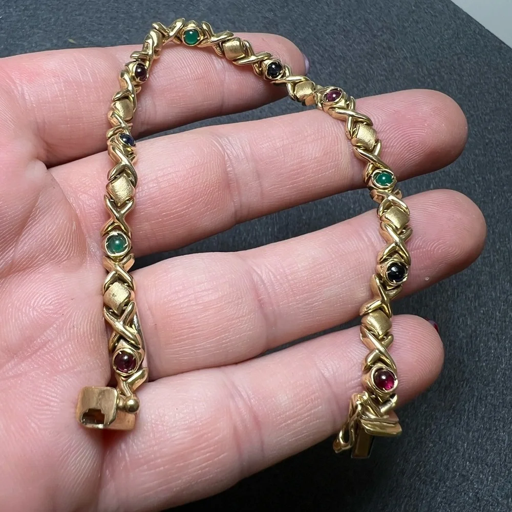 14K Gold Bracelet with Sapphires, Rubies and Emerald Cabochon Accents
